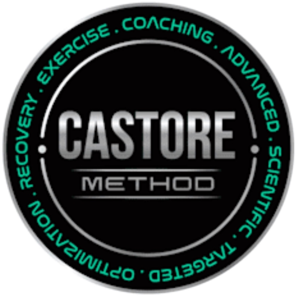The Castore Method emblem: a circular silver-and-black seal reading Castore Method, ringed with Recovery, Exercise, Coaching, Advanced, Scientific, Targeted, Optimization.